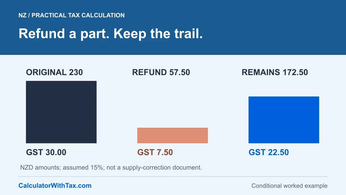 Synthetic NZD 230 GST-inclusive sale less an agreed NZD 57.50 inclusive refund leaves NZD 172.50; respective GST components are NZD 30, NZD 7.50 and NZD 22.50.