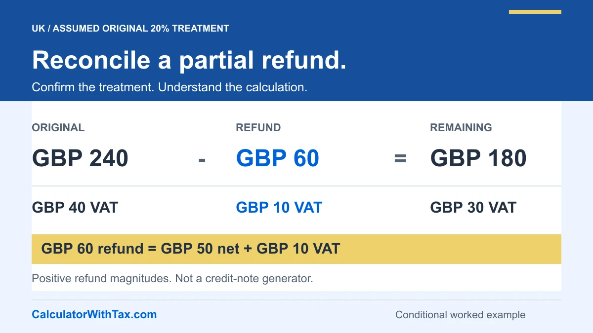 Conditional partial refund: original GBP 240 including GBP 40 VAT, less GBP 60 refund containing GBP 10 VAT, leaves GBP 180 including GBP 30 VAT.