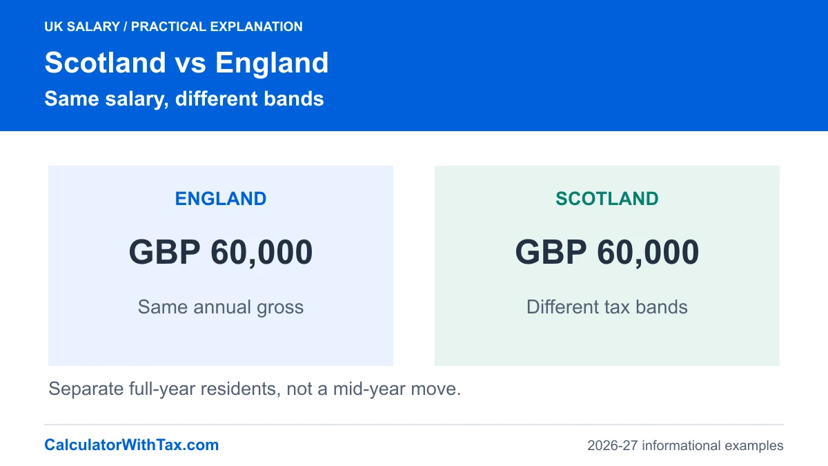 Separate England and Scotland scenarios each start with GBP 60,000 gross; the comparison isolates different Income Tax bands.